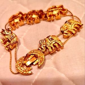 Vintage Elephant Double Gold Strand Rhinestones Half Moon's at Clasp Costume 8"
